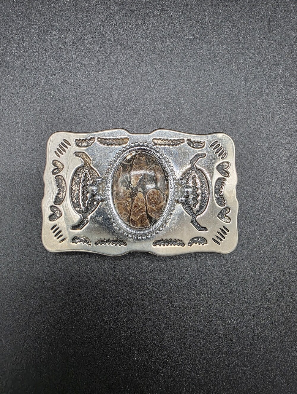 Silver-Tone Western Belt Buckle with Brown Turritella Agate Center